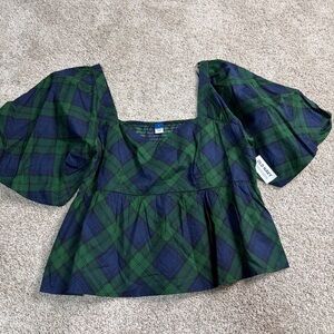 Old Navy Plaid Green and Blue Women's Crop Top With Puffy Sleeves - NWT Size L